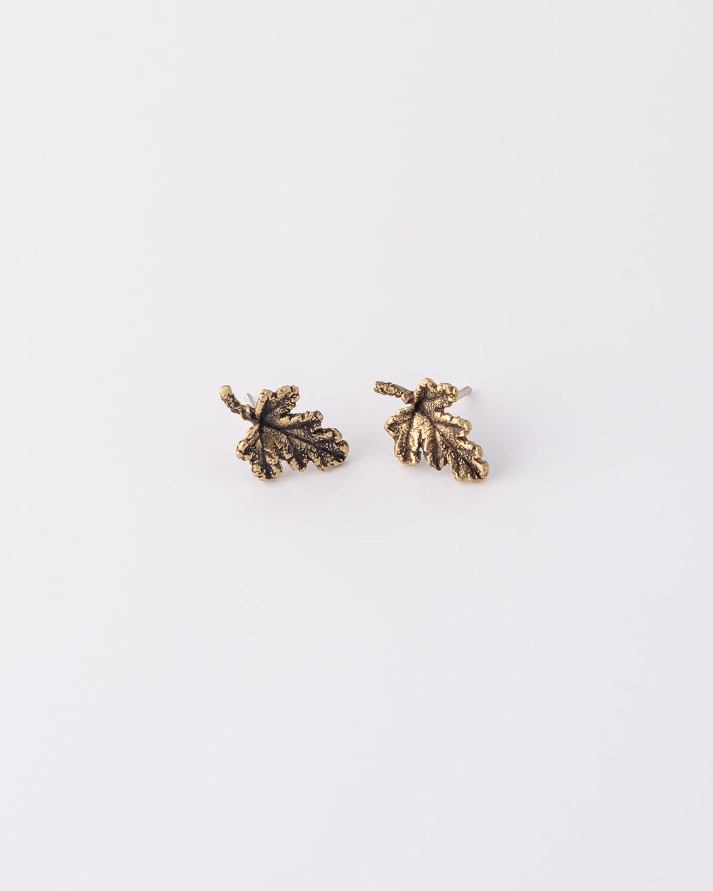 Κοντινή λήψη των σκουλαρικιών Rose Geranium Leaf από ορείχαλκο με αντικέ φινίρισμα, που αναδεικνύει τις φυσικές εσοχές του φύλλου, της ANV Jewelry.