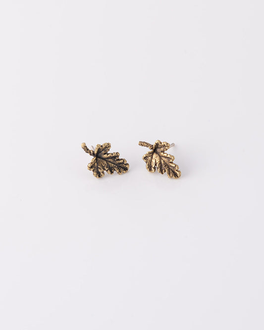 Κοντινή λήψη των σκουλαρικιών Rose Geranium Leaf από ορείχαλκο με αντικέ φινίρισμα, που αναδεικνύει τις φυσικές εσοχές του φύλλου, της ANV Jewelry.